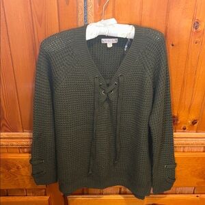 It's Our Time Olive Lace-Up V-Neck Knit Sweater